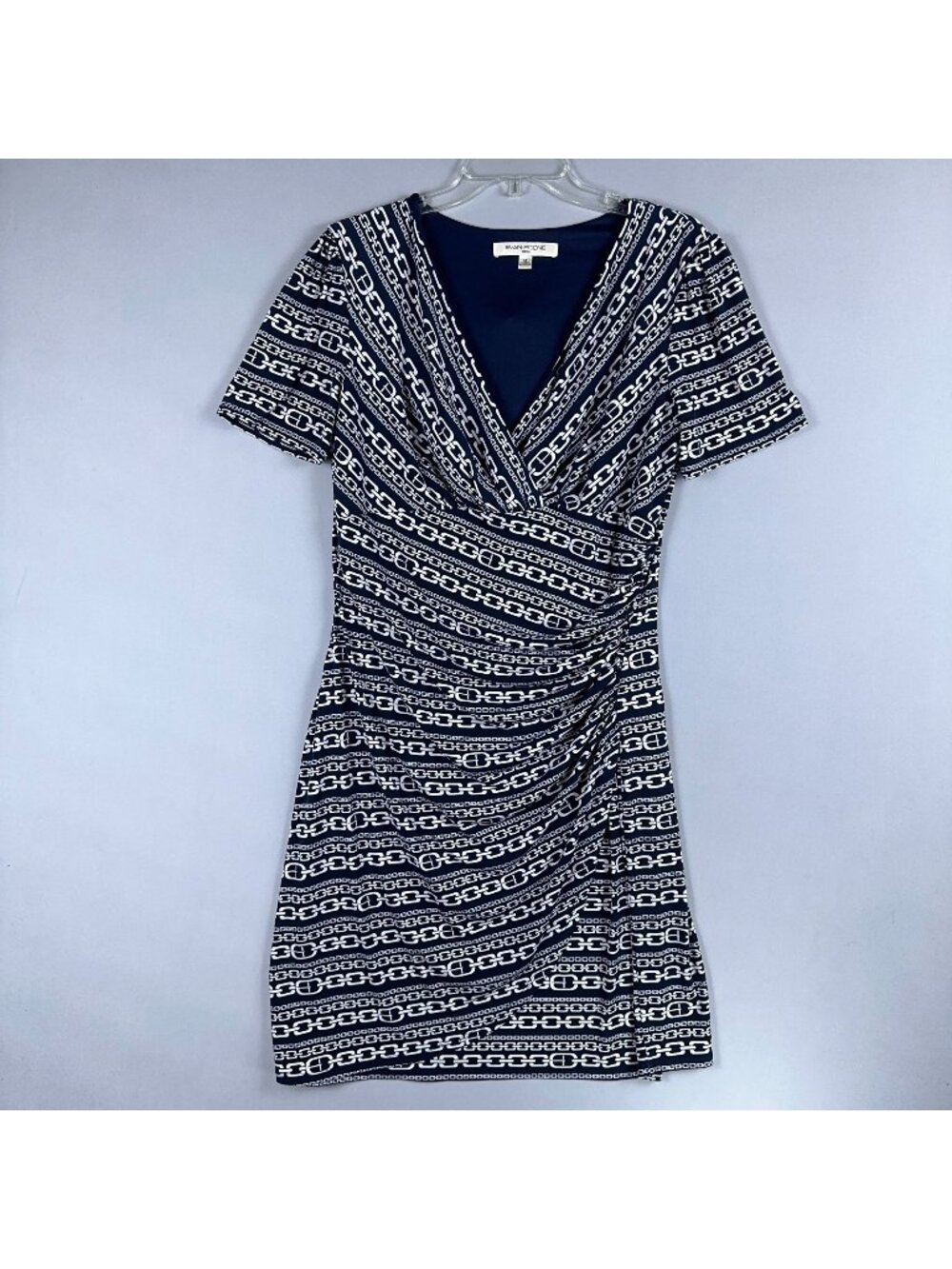 Evan Picone Wrap Dress Navy White Geomatric Chain Print Women Size 14